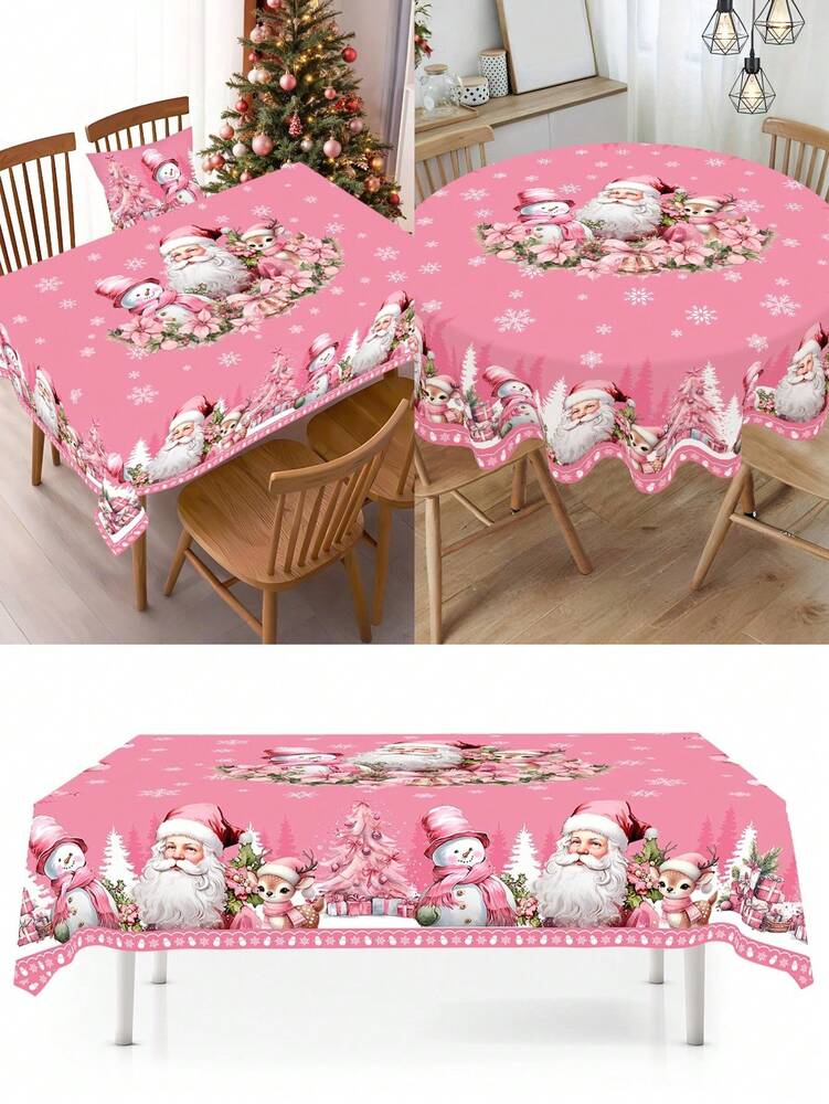 Festive Christmas Tablecloth with Snowman & Reindeer Wreath Design, Polyester Winter Table Cover for Dining Room & Kitchen Holiday Decor