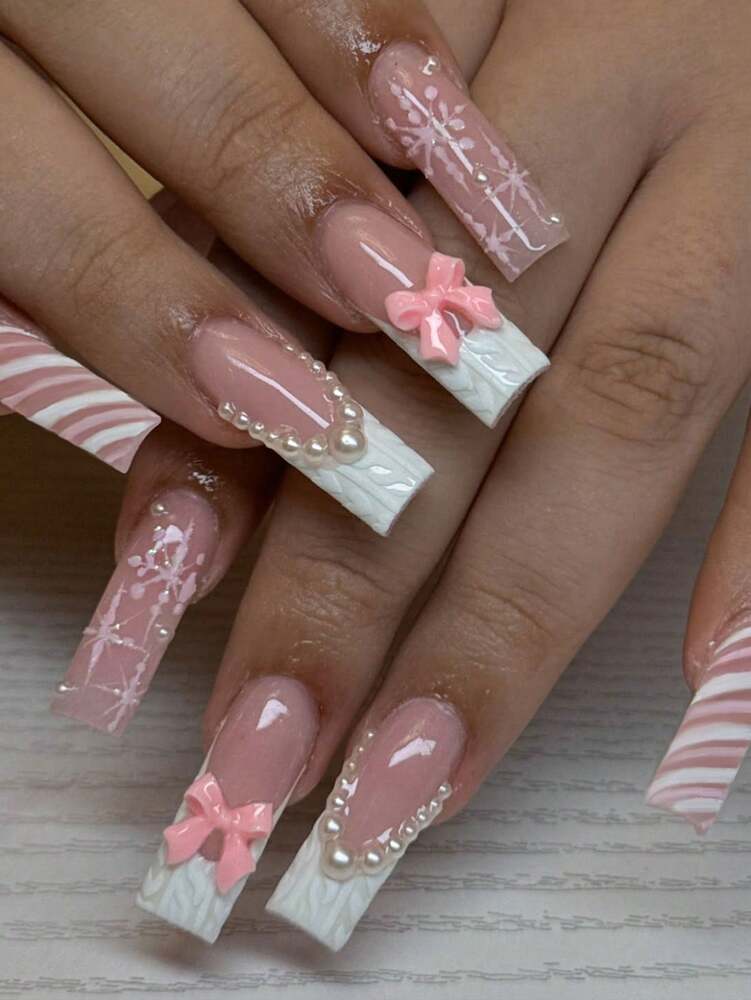 24pcs Christmas Press-On Nails, Short Square Snowman Design with Glitter French Tips, Acrylic False Nail Set with Jelly Glue & File for Holiday Wear