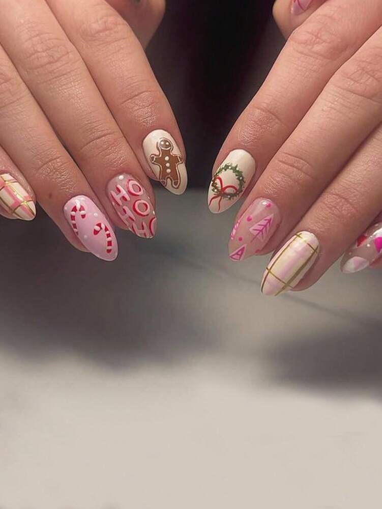 24pcs Almond Christmas Press On Nails, Red Santa Hat Short False Nails, Holiday Nail Set For Women, Office, Date, Party & Everyday Wear