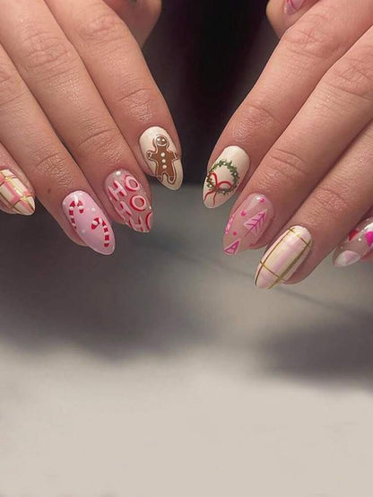 24pcs Almond Christmas Press On Nails, Red Santa Hat Short False Nails, Holiday Nail Set For Women, Office, Date, Party & Everyday Wear