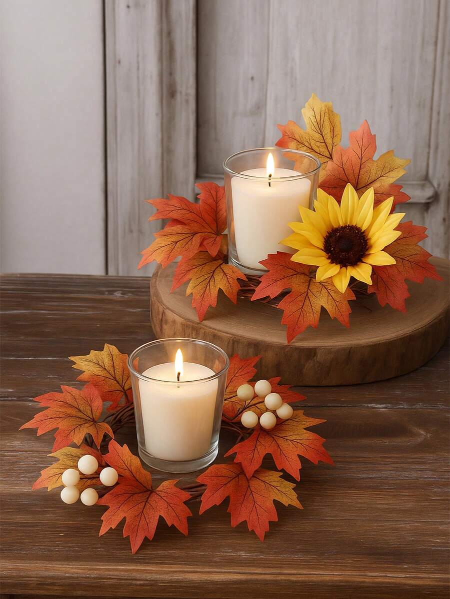 Christmas Candle Ring Holder with Red Flowers, Gold Berries & Greenery, Holiday Table Centerpiece