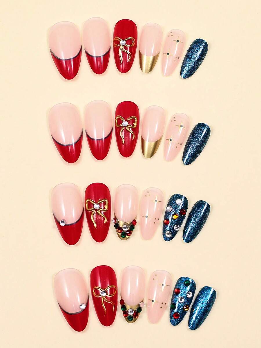 24pcs Red Glitter Christmas Press On Nails, Short Square Bling False Nails With Cute Elk Grid Design, Festive Nail Set Gift For Women Party Wear