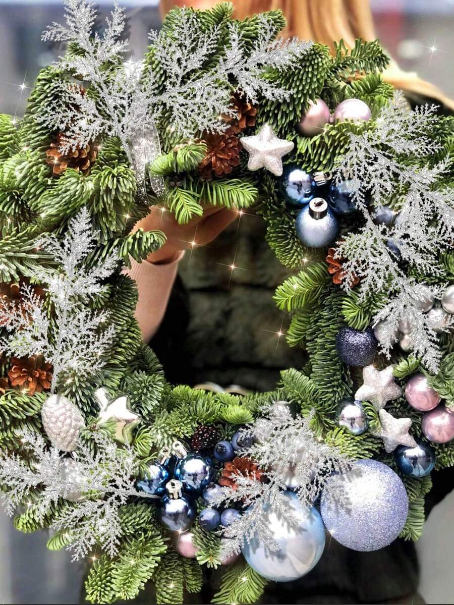 20pcs Glitter Cedar Pine Needles with Sequins, Artificial Blue and Pink Leaves for DIY Garlands, Wedding Bouquets, and Winter Holiday Home Decor