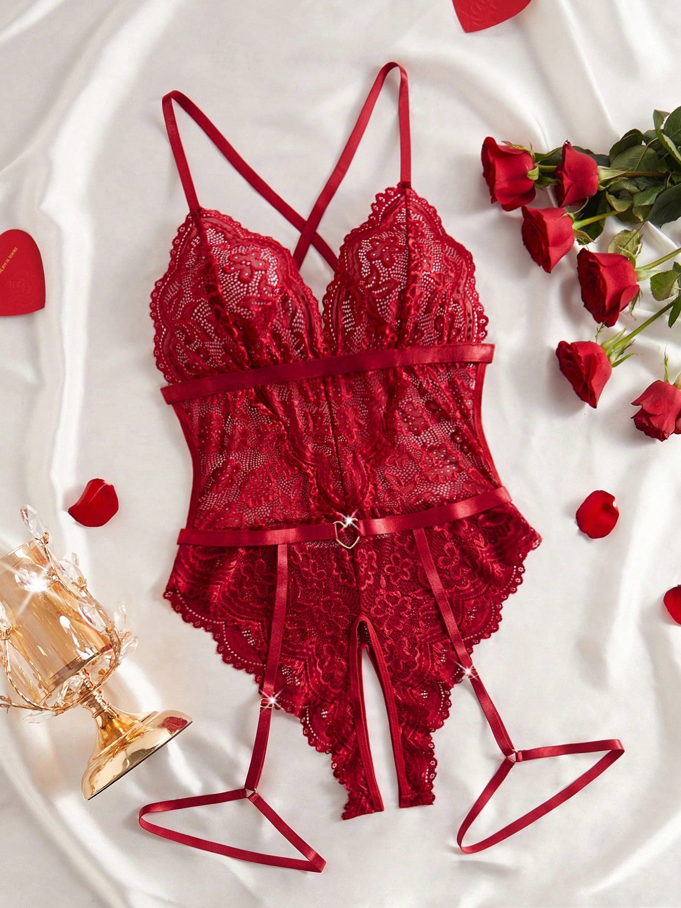 New Sexy Lingerie Set For Women, Triangle Cup Adjustable Criss-Cross Strap Single-Row Snap Backless Bodysuit, Semi-Sheer Lace Crotchless Bodystocking With Adjustable Waist Belt And Leg Garters