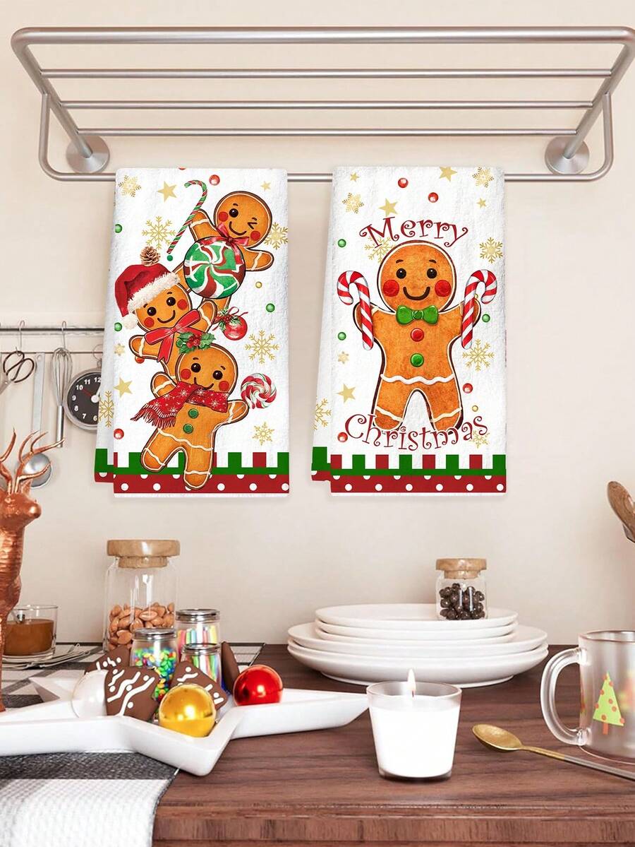 2pcs Christmas Gnome Hand Towels, Red & Black Plaid Microfiber Kitchen & Bathroom Towels, Soft Absorbent Holiday Home Decor