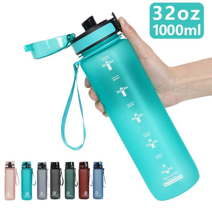 34oz Sports Water Bottle with Time Marker & Carry Strap, Leak-Proof Large Capacity Reusable Bottle for Gym, School, Biking & Outdoor Fitness (1pc)