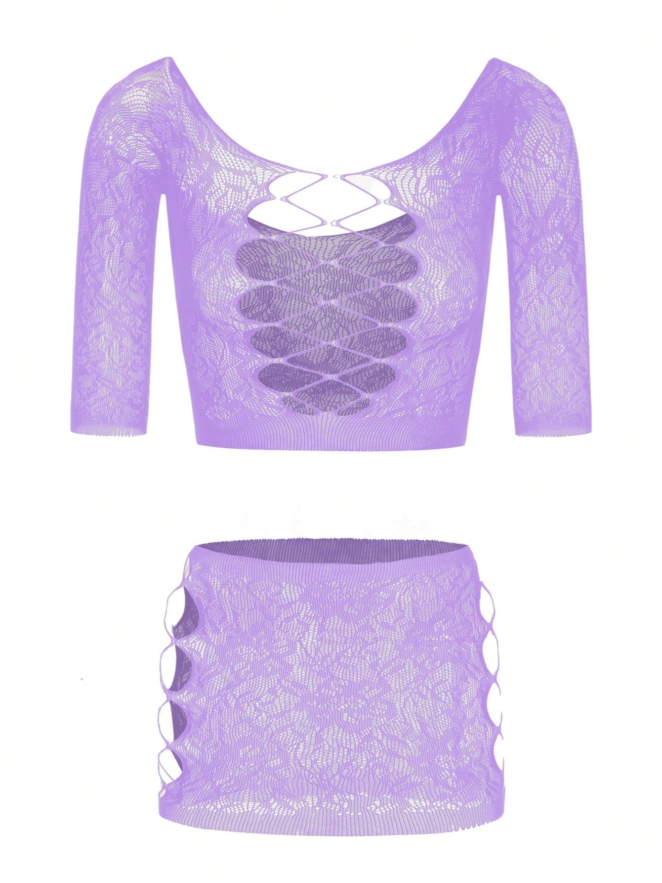 2-Piece Plus Size Fishnet Lingerie Set Stretch Crop Top and Bodycon Skirt