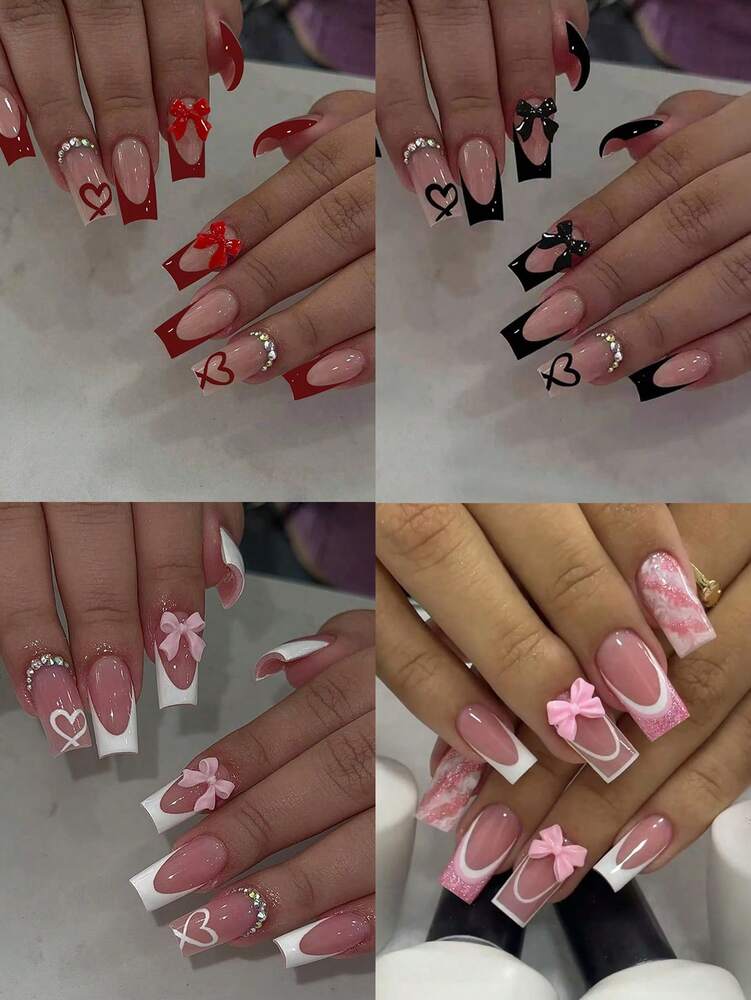 24pcs Long Ballet Christmas Press On Nails, White Snowflakes And Gingerbread Bow Design, 3D Acrylic False Nails For Women Holiday Gift