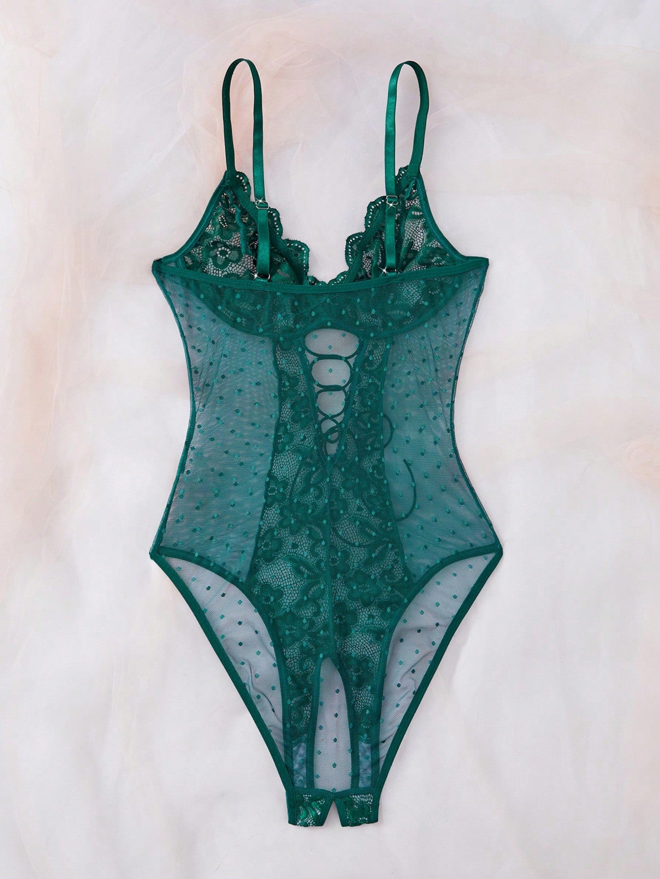 Women Contrast Lace And Mesh Bodysuit With One-Piece Construction, Layered Fabric Design, Lightweight And Flexible Fit, Clean Silhouette, Suitable For General Wear And Outfit Styling