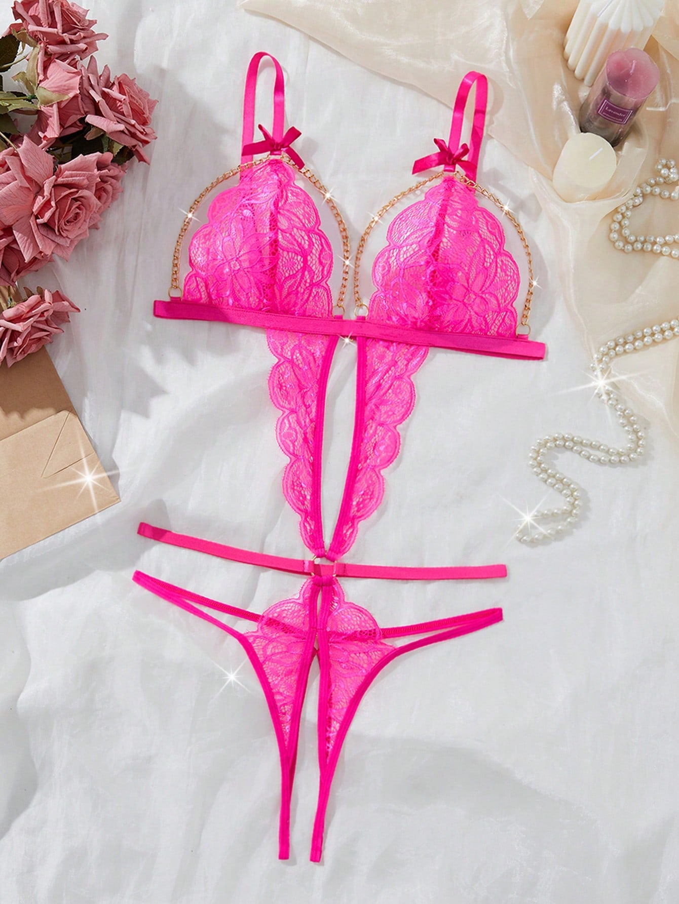 1pc Women Lace Sexy Bodysuit Lingerie For Going Out, Baddie Look