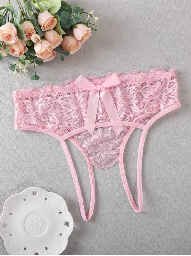 Sexy Backside Open Bowknot Lace Patchwork Panties Bowknot For Going Out