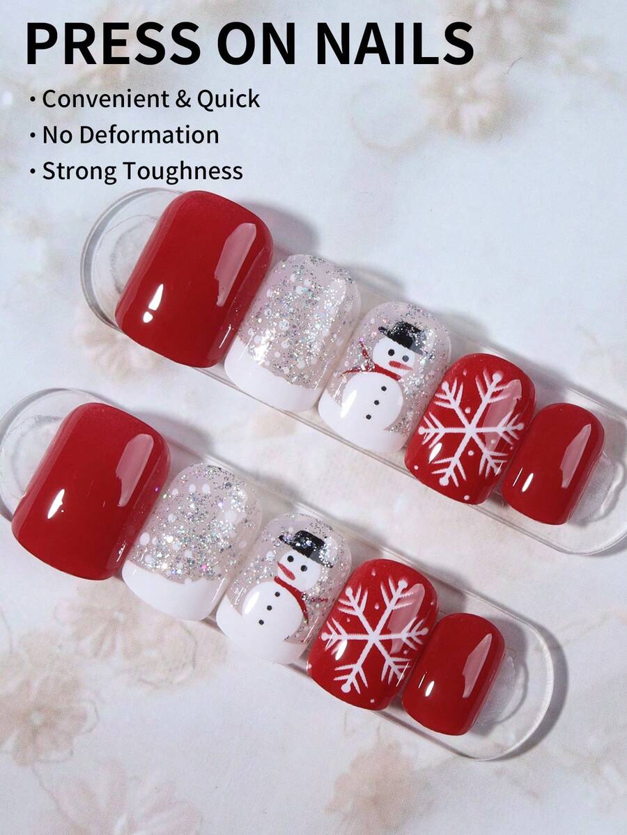 24pcs Christmas Press-On Nails, Short Square Snowman Design with Glitter French Tips, Acrylic False Nail Set with Jelly Glue & File for Holiday Wear