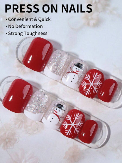 24pcs Christmas Press-On Nails, Short Square Snowman Design with Glitter French Tips, Acrylic False Nail Set with Jelly Glue & File for Holiday Wear