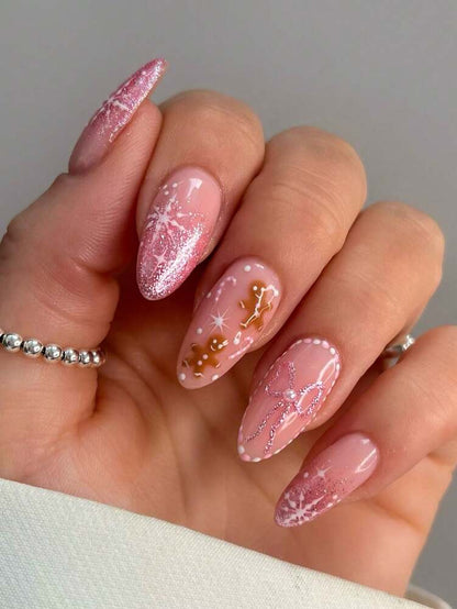 24pcs Almond Christmas Press On Nails, Red Santa Hat Short False Nails, Holiday Nail Set For Women, Office, Date, Party & Everyday Wear