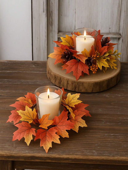 Christmas Candle Ring Holder with Red Flowers, Gold Berries & Greenery, Holiday Table Centerpiece