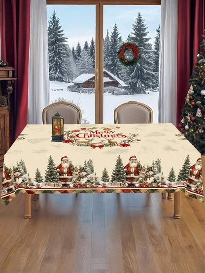 Festive Christmas Tablecloth with Snowman & Reindeer Wreath Design, Polyester Winter Table Cover for Dining Room & Kitchen Holiday Decor