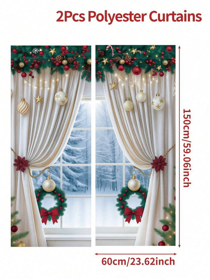 2-Piece Christmas Reindeer and Tree Blackout Curtain Set, Holiday Window Panels for Home Living Room or Bedroom Decor
