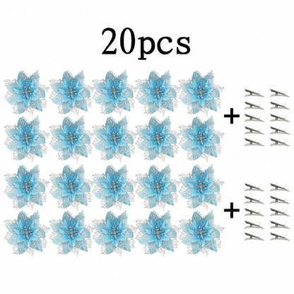 10pcs Glitter Poinsettia Ornaments with Clips & Stems, Sparkling Artificial Christmas Décor for Trees & Wreaths