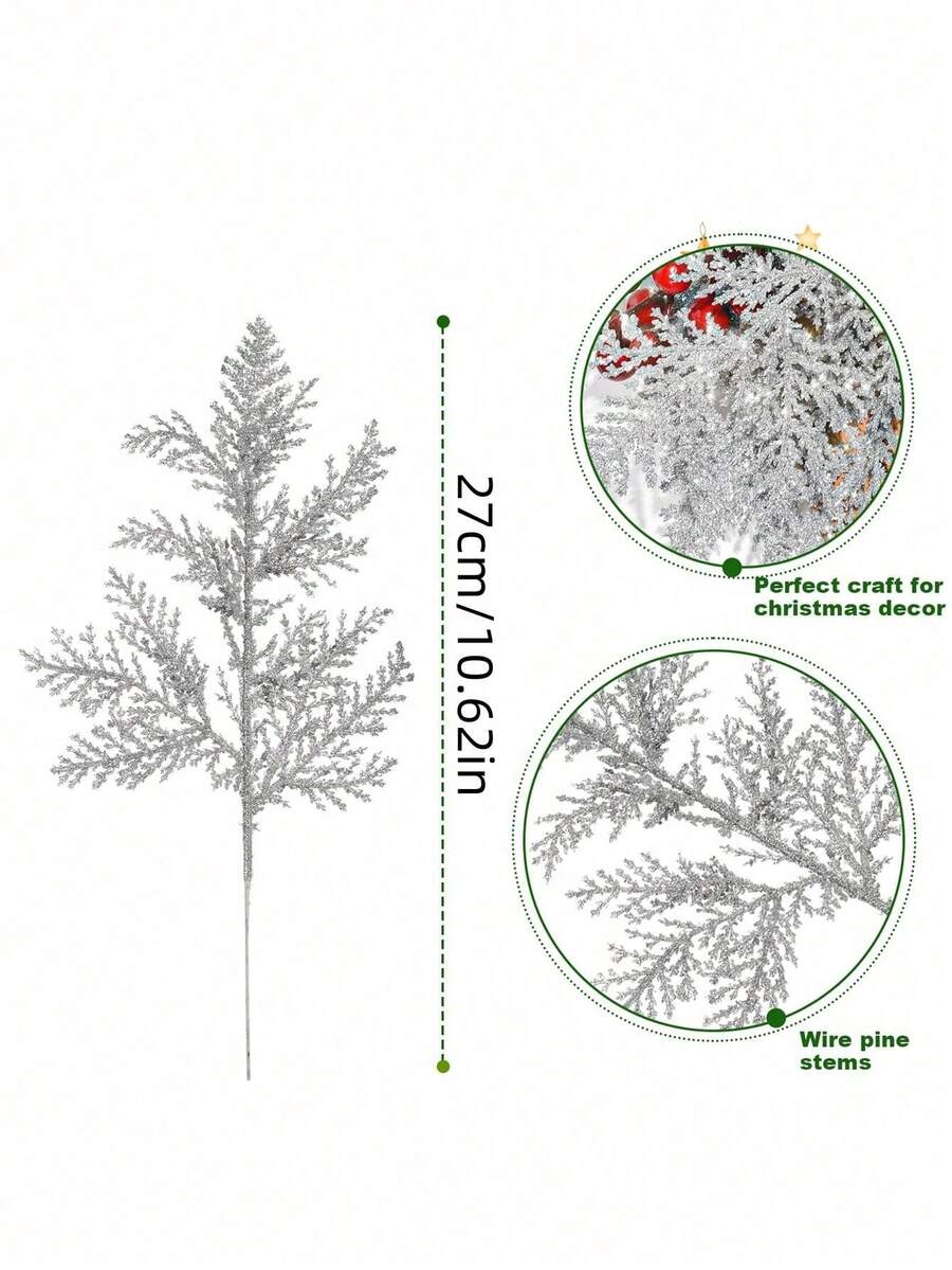 20pcs Glitter Cedar Pine Needles with Sequins, Artificial Blue and Pink Leaves for DIY Garlands, Wedding Bouquets, and Winter Holiday Home Decor