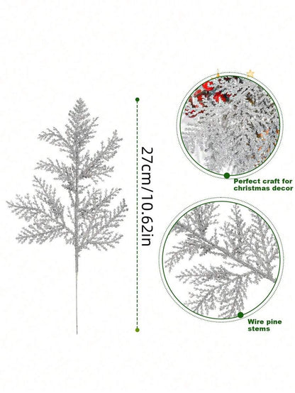 20pcs Glitter Cedar Pine Needles with Sequins, Artificial Blue and Pink Leaves for DIY Garlands, Wedding Bouquets, and Winter Holiday Home Decor