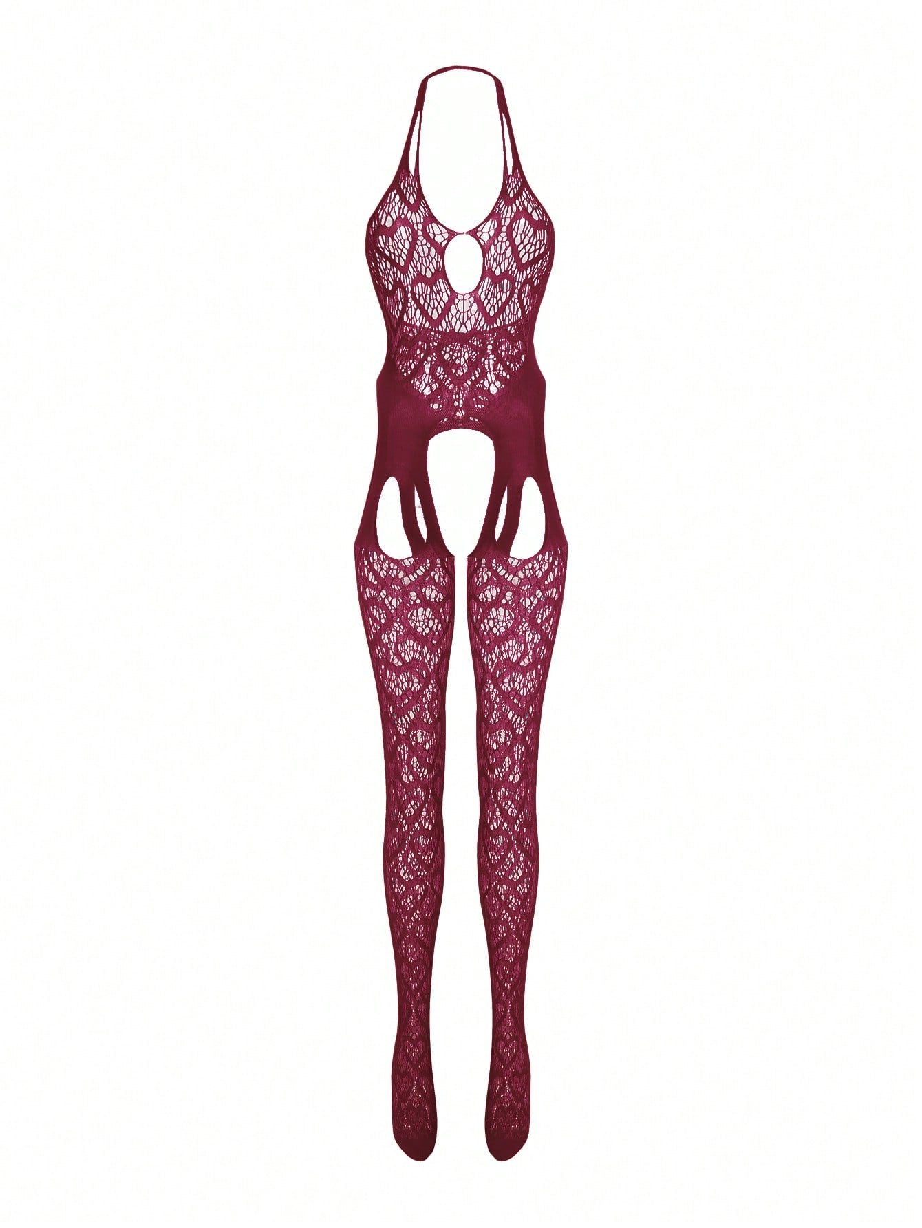 Heart Mesh Full Coverage Footless Crotchless Backless Halter Bodysuit