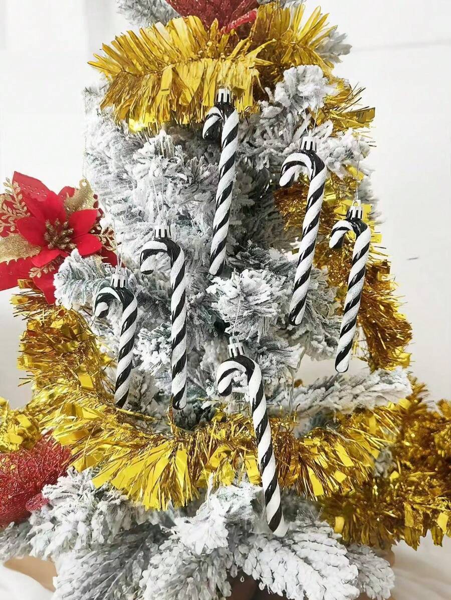 12pcs Pink Glitter Candy Cane Christmas Ornaments, 5.5" Plastic Hanging Decorations for Christmas Trees & Holiday Displays