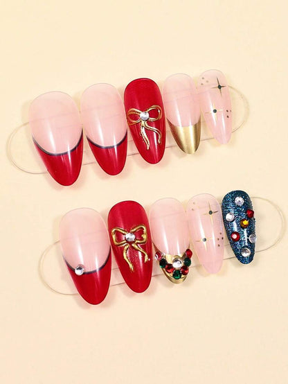 24pcs Red Glitter Christmas Press On Nails, Short Square Bling False Nails With Cute Elk Grid Design, Festive Nail Set Gift For Women Party Wear