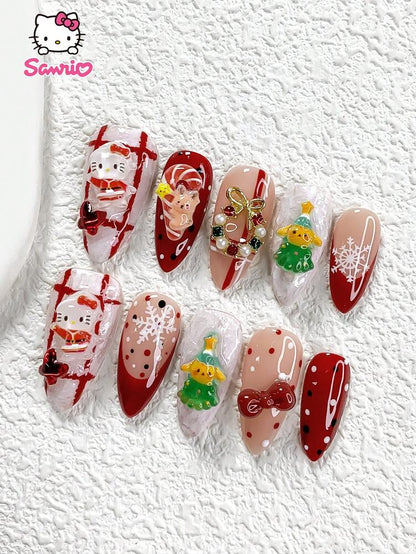 10pcs Snow Press On Nails, 3D Santa And Gift Box Design With Candy Cane And Tree Charms, Handmade French Tips For Women Christmas Daily Use