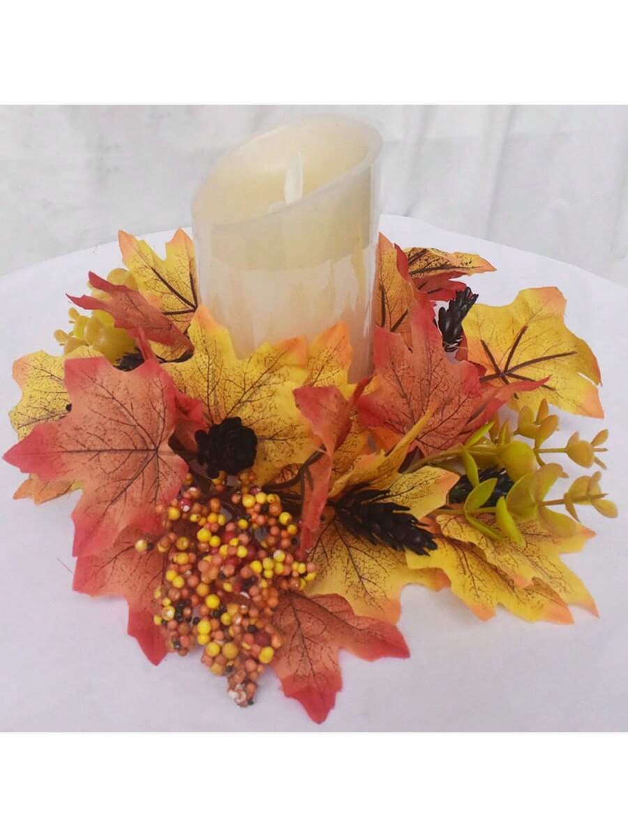 Christmas Candle Ring Holder with Red Flowers, Gold Berries & Greenery, Holiday Table Centerpiece