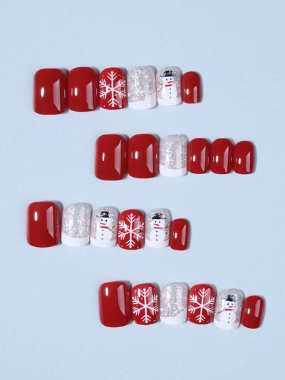 24pcs Christmas Press-On Nails, Short Square Snowman Design with Glitter French Tips, Acrylic False Nail Set with Jelly Glue & File for Holiday Wear