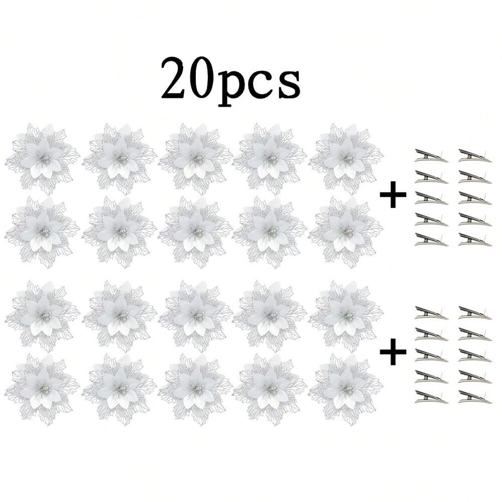 10pcs Glitter Poinsettia Ornaments with Clips & Stems, Sparkling Artificial Christmas Décor for Trees & Wreaths