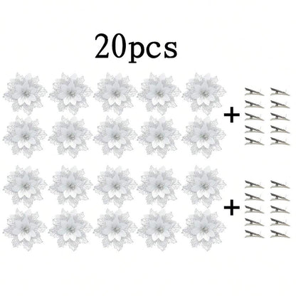 10pcs Glitter Poinsettia Ornaments with Clips & Stems, Sparkling Artificial Christmas Décor for Trees & Wreaths