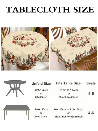 Festive Christmas Tablecloth with Snowman & Reindeer Wreath Design, Polyester Winter Table Cover for Dining Room & Kitchen Holiday Decor