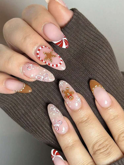 24pcs Almond Christmas Press On Nails, Red Santa Hat Short False Nails, Holiday Nail Set For Women, Office, Date, Party & Everyday Wear