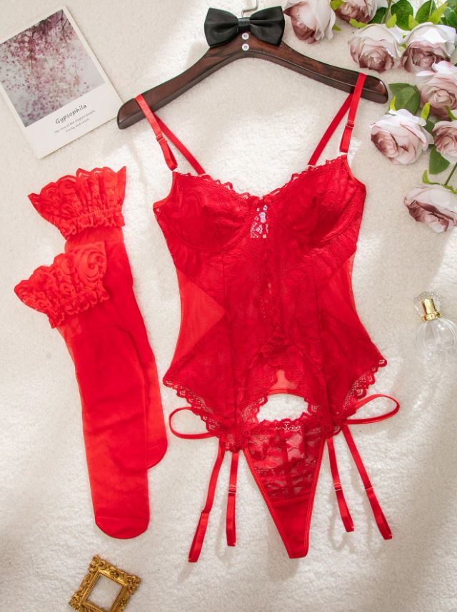 Floral Lace Underwire Garter Corset Lingerie Set with Stockings
