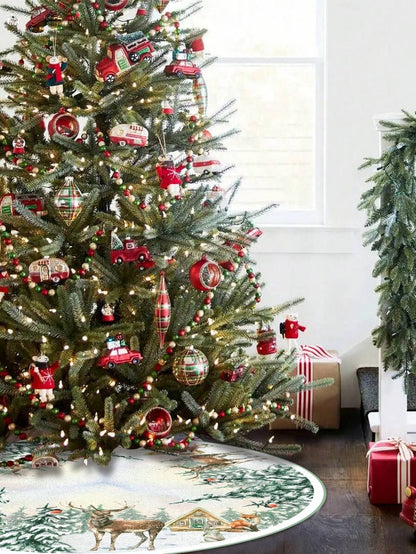 Red & Black Plaid Christmas Tree Skirt, Snowflake Pattern Round Tree Mat, Soft Decorative Base Cover for Living Room & Winter Holiday Home Decor