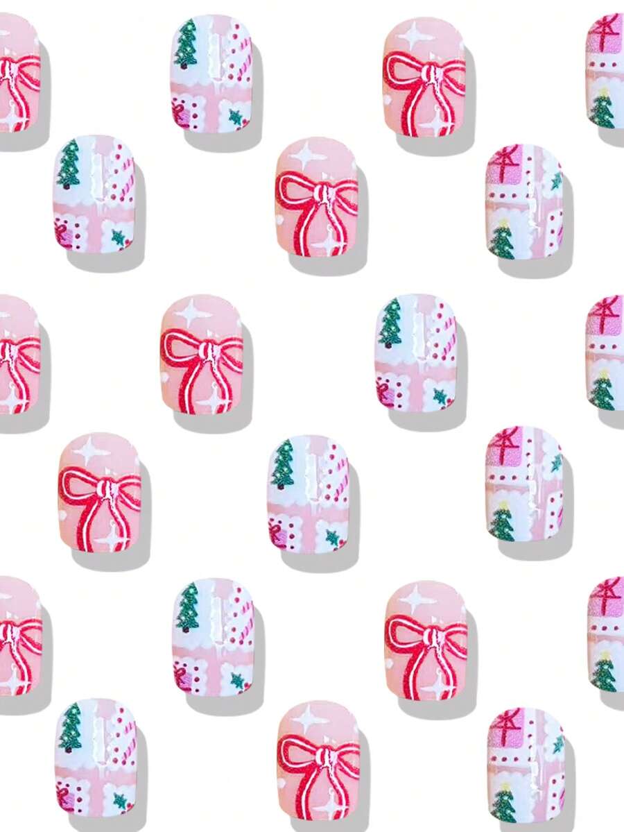 24pcs Short Red Christmas Press On Nails, Snowflake Glitter Design, Blue And Red Winter False Nails For Women, Easy To Apply Nail Supplies