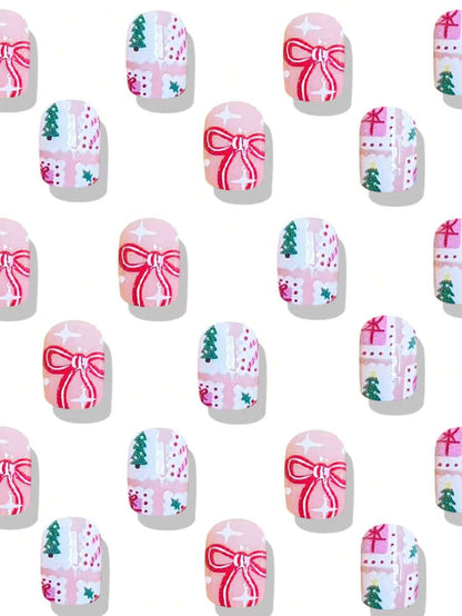 24pcs Short Red Christmas Press On Nails, Snowflake Glitter Design, Blue And Red Winter False Nails For Women, Easy To Apply Nail Supplies