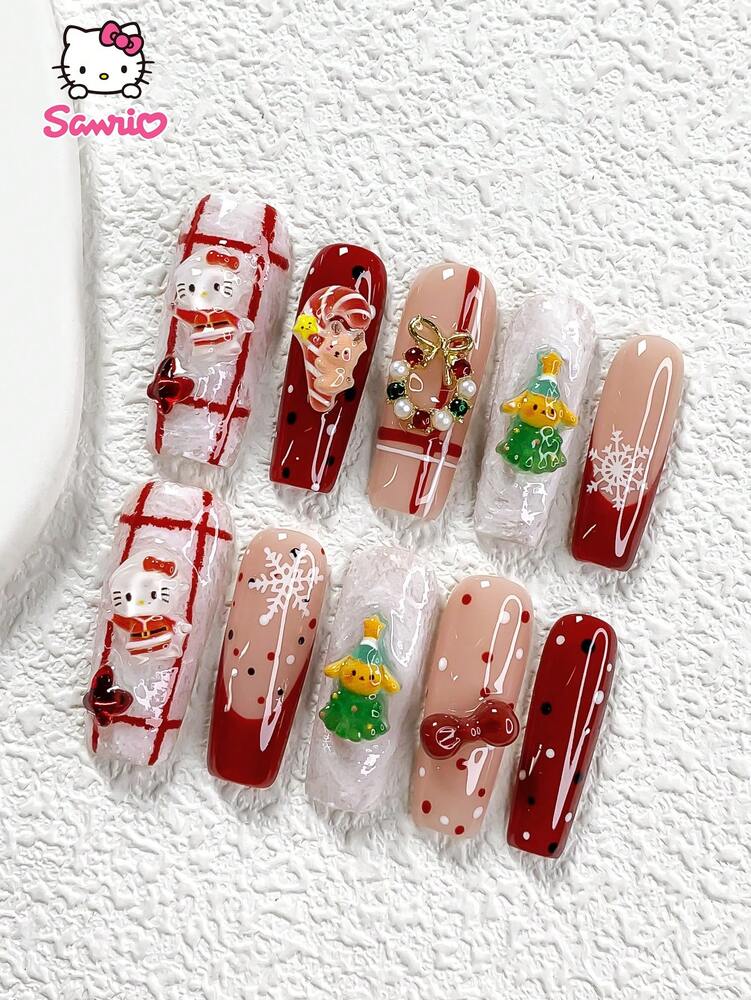 10pcs Snow Press On Nails, 3D Santa And Gift Box Design With Candy Cane And Tree Charms, Handmade French Tips For Women Christmas Daily Use