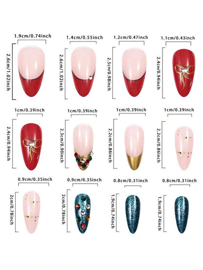 24pcs Red Glitter Christmas Press On Nails, Short Square Bling False Nails With Cute Elk Grid Design, Festive Nail Set Gift For Women Party Wear