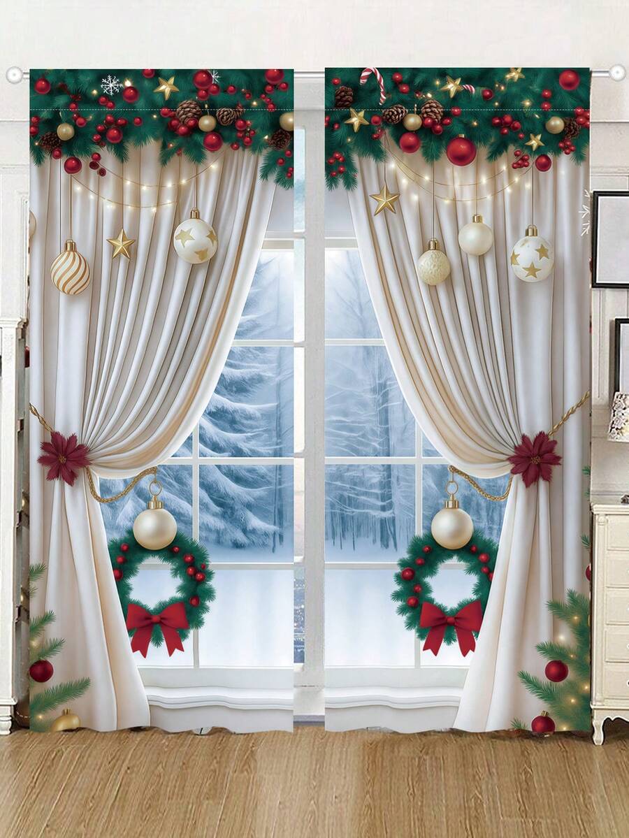 2-Piece Christmas Reindeer and Tree Blackout Curtain Set, Holiday Window Panels for Home Living Room or Bedroom Decor