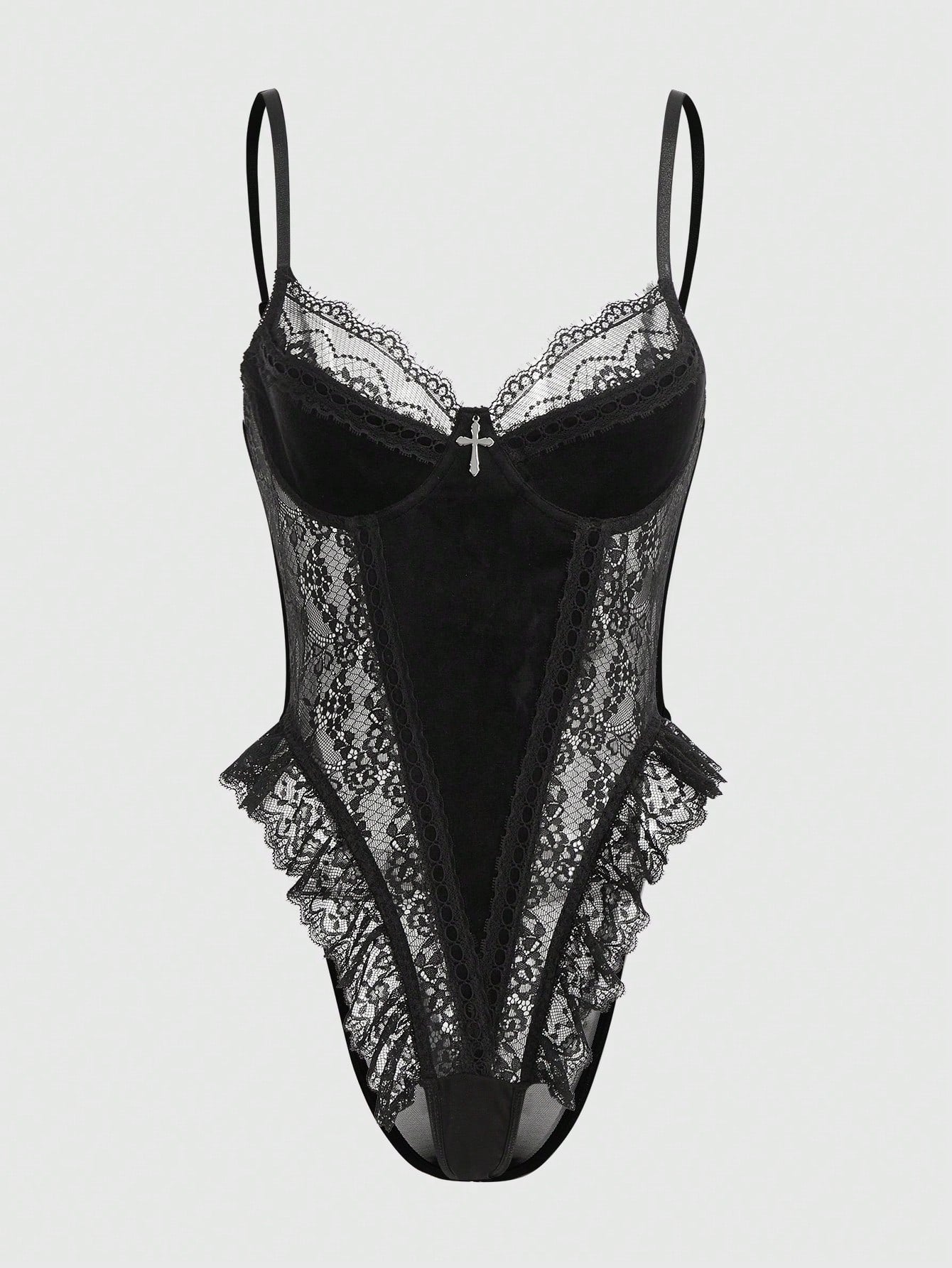 Women Contrast Lace Bodysuit With Structured One-Piece Design, Layered Lace Panel Detail, Smooth Fabric Combination, Simple Silhouette, Suitable For General Wear And Outfit Styling
