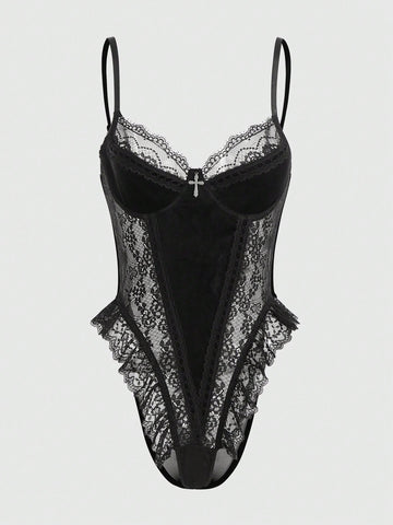 Women Contrast Lace Bodysuit With Structured One-Piece Design, Layered Lace Panel Detail, Smooth Fabric Combination, Simple Silhouette, Suitable For General Wear And Outfit Styling