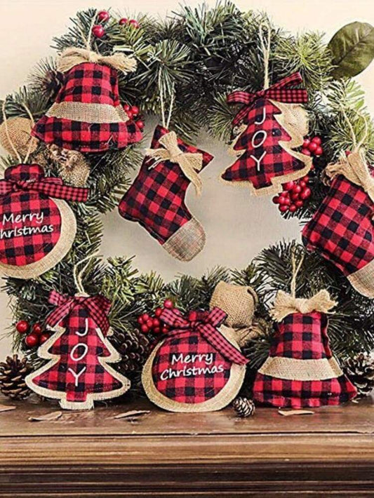 8pcs Buffalo Plaid Fabric Ball Ornaments, Christmas Tree Hanging Decorations, Rustic Red and Black Check Fabric Balls for Farmhouse Holiday Style