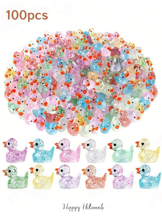 100pcs Mini Glitter Resin Duck Figurines, Multicolor Handcrafted Ornaments for DIY Projects, Aquarium, Bonsai & Room Decor