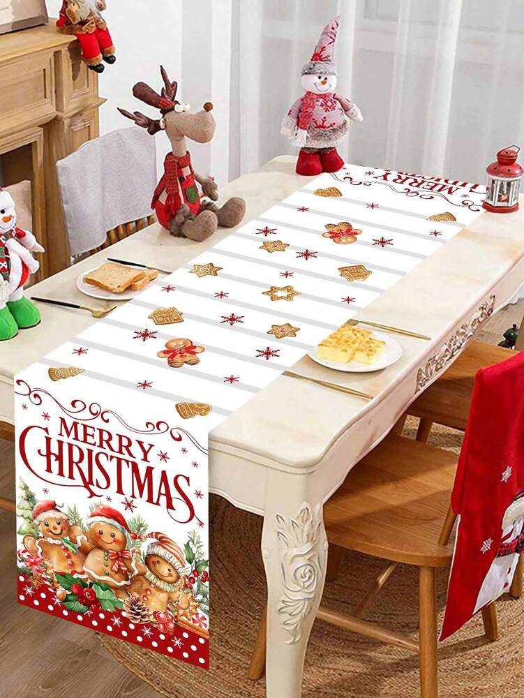 Gingerbread Man Christmas Table Runner, 35x180cm Polyester Holiday Table Flag, Festive Dining Room Décor for Christmas & Winter Home Use