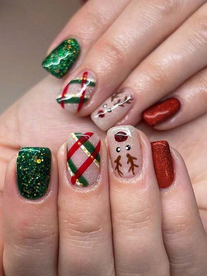 24pcs Red Glitter Christmas Press On Nails, Short Square Bling False Nails With Cute Elk Grid Design, Festive Nail Set Gift For Women Party Wear