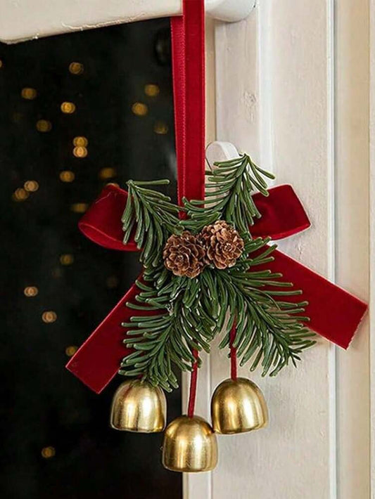 Velvet Bow and Pinecone Bell Pendants (2pcs), Charming Holiday Hanging Ornaments for Doorknobs, Trees, and Living Room Decor, Random Color Delivery
