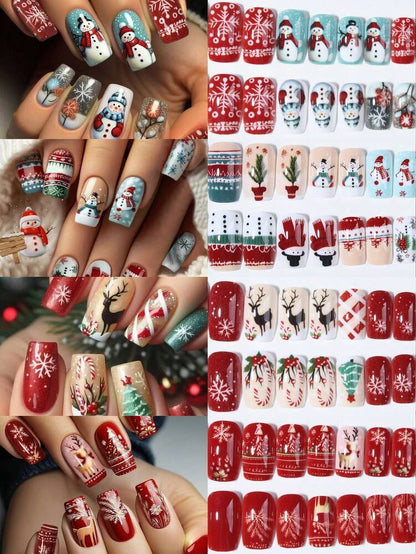 96pcs Christmas Press On Nails Short Square Mixed Set, Snowflake, Elk, Tree And Star Design, French Tip False Nails With Jelly Glue & File