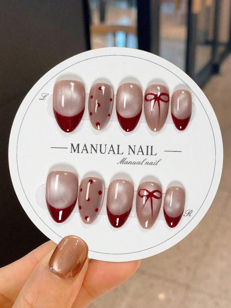 10pcs Short Almond Press On Nails, Cat Eye French Tips With Bow Accent, Elegant Handmade Acrylic Nail Set For Women Wedding Or Party